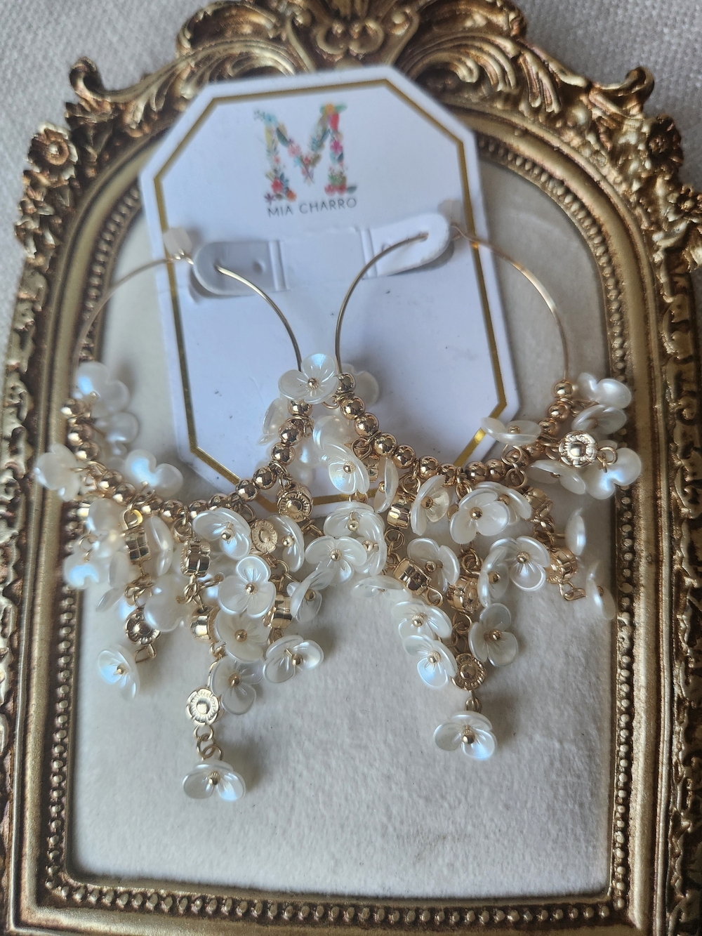 New Mia Charro Gold Floral Hoop Earrings Boho Bridal Faux Mother Of Pearl
